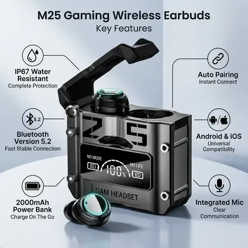 M25 Wireless Headphones Earphones Bluetooth Touch Control Noise Reduction Stereo Waterproof Earbuds Headset (Black) thumbnail 4