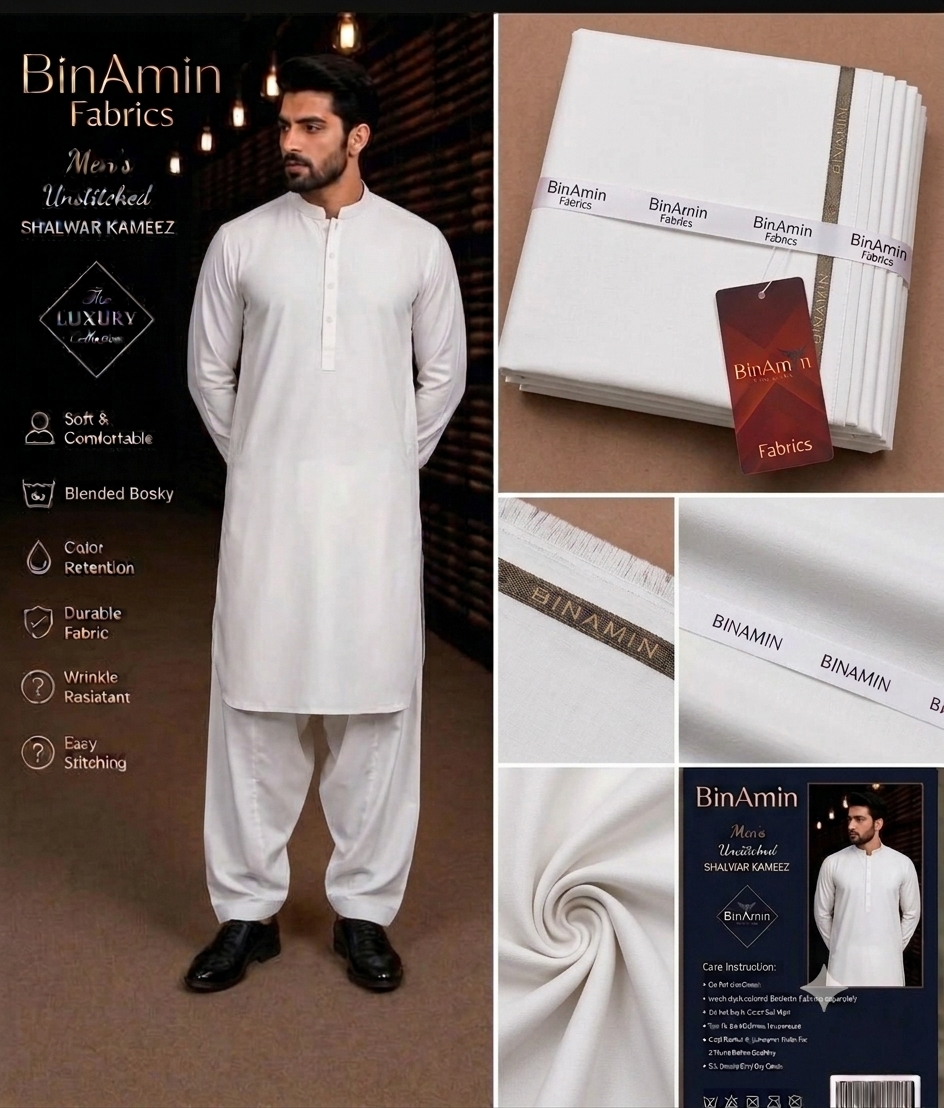 Premium BinAmin Men's Unstitched Shalwar Kameez in blended bosky fabric thumbnail 3