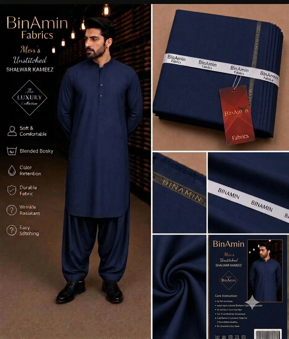 Premium BinAmin Men's Unstitched Shalwar Kameez in blended bosky fabric thumbnail 2