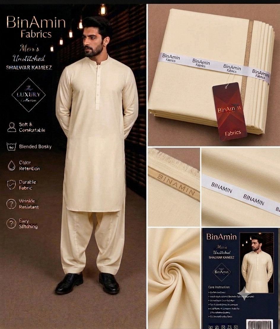 Premium BinAmin Men's Unstitched Shalwar Kameez in blended bosky fabric thumbnail 4