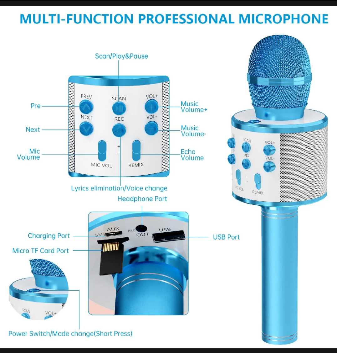 Kids Microphone for Singing, Wireless Bluetooth Karaoke Microphone for Adults, Portable Handheld Karaoke Machine, Toys for Boys and Girls Gift for Birthday Party thumbnail 3