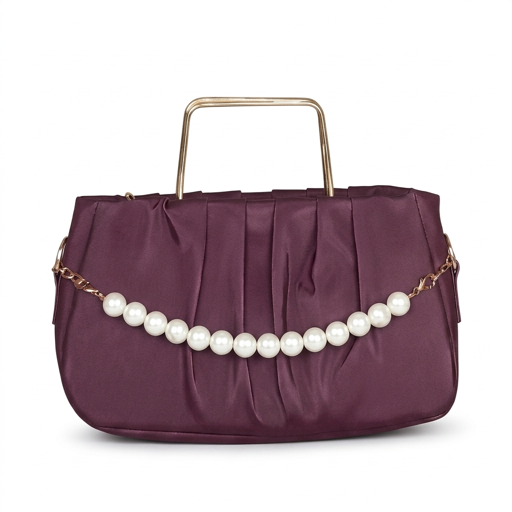 Elegant Pleated Maroon Handbag with Pearl Detail thumbnail 3