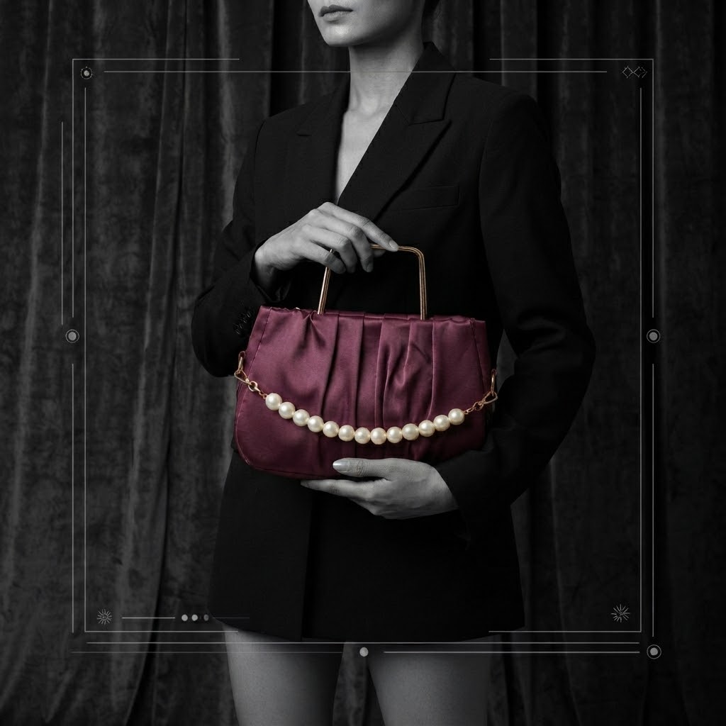 Elegant Pleated Maroon Handbag with Pearl Detail thumbnail 2