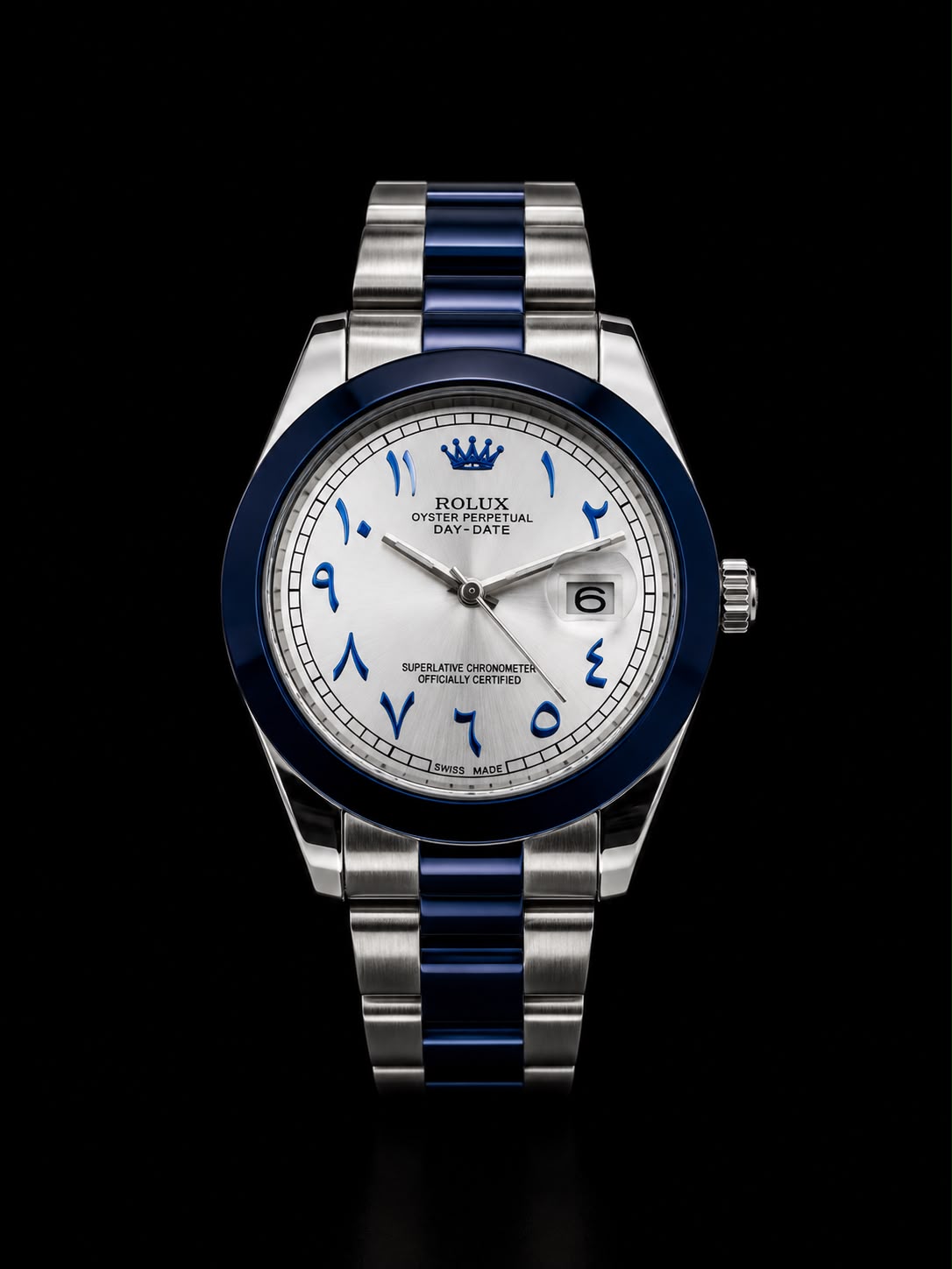 Premium Luxury Arabic Dial Watch | Elegant Stainless‑Steel Strap With Blue Accents & Date Display thumbnail 3