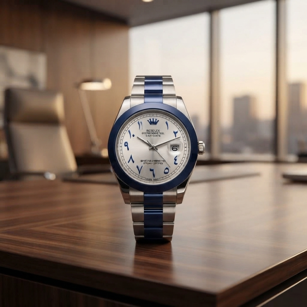 Premium Luxury Arabic Dial Watch | Elegant Stainless‑Steel Strap With Blue Accents & Date Display thumbnail 2