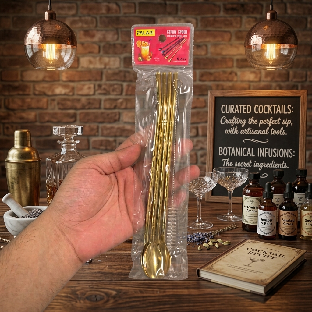 4 Pcs - Gold Straw Spoon Set With Cleaning Brush - Kitchen Accessory Designed For Dining And Daily Utility Routine thumbnail 2