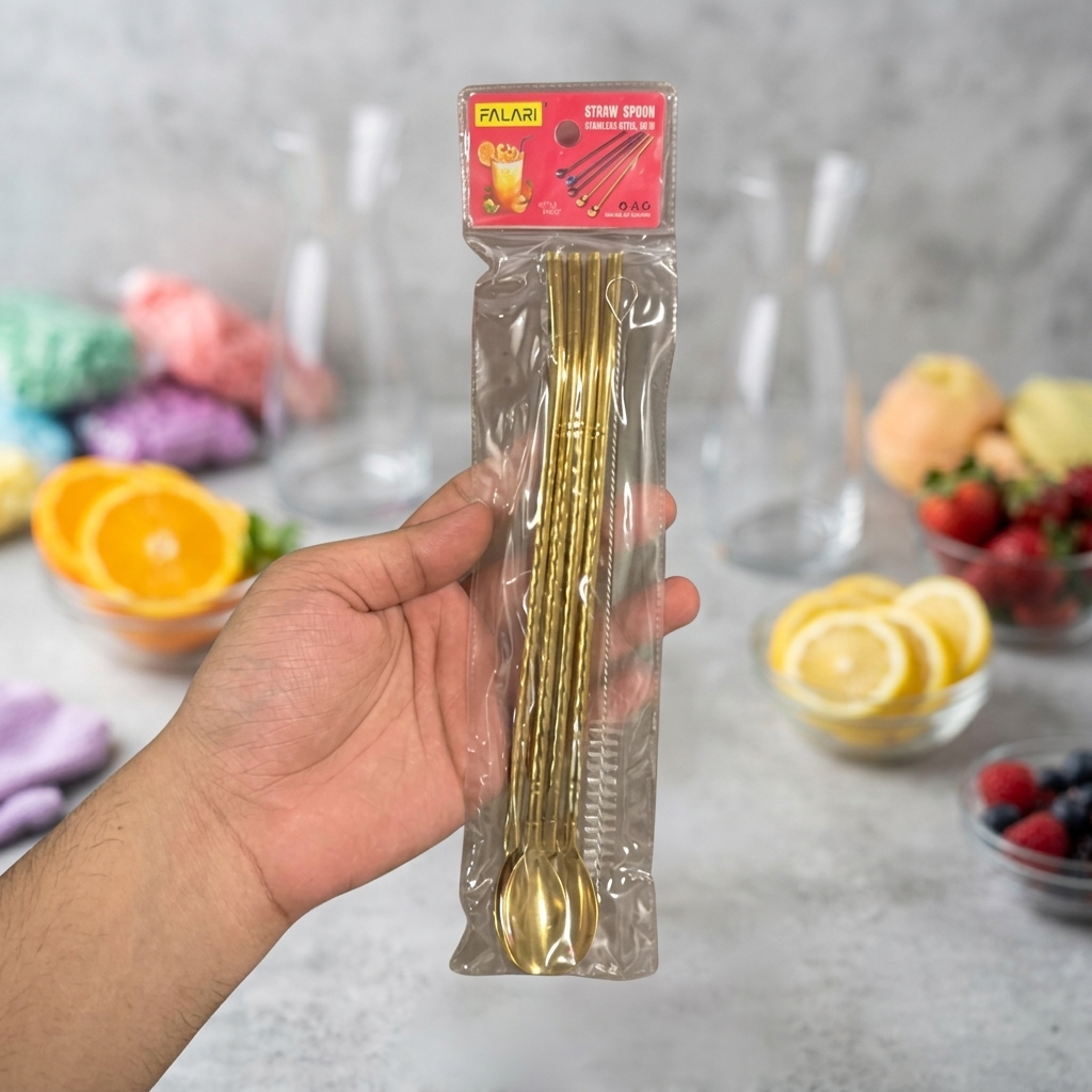4 Pcs - Gold Straw Spoon Set With Cleaning Brush - Kitchen Accessory Designed For Dining And Daily Utility Routine thumbnail 3