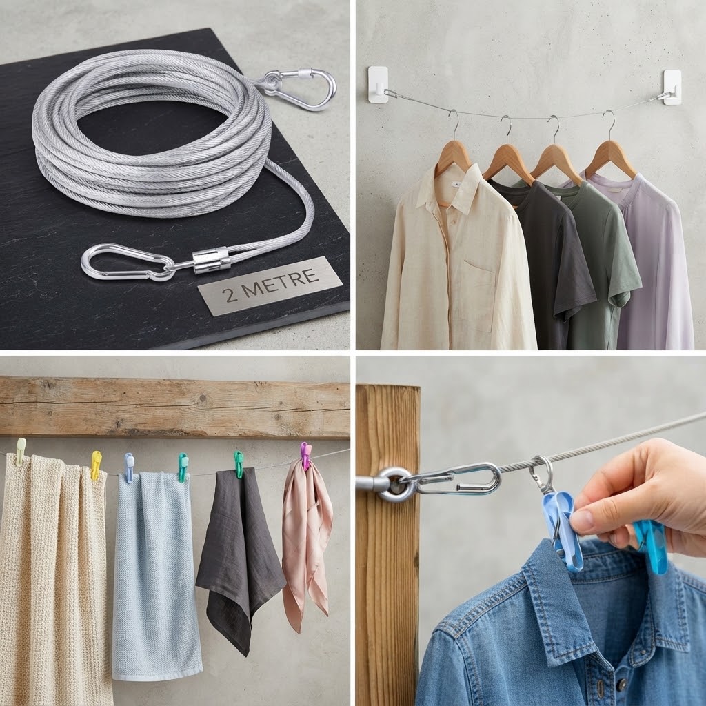 2-Metre Stainless Steel Clothes Drying Wire with Hooks – Heavy-Duty Portable Laundry Line thumbnail 3