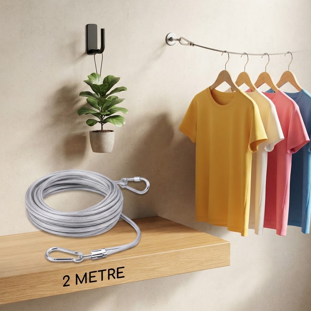 2-Metre Stainless Steel Clothes Drying Wire with Hooks – Heavy-Duty Portable Laundry Line thumbnail 2