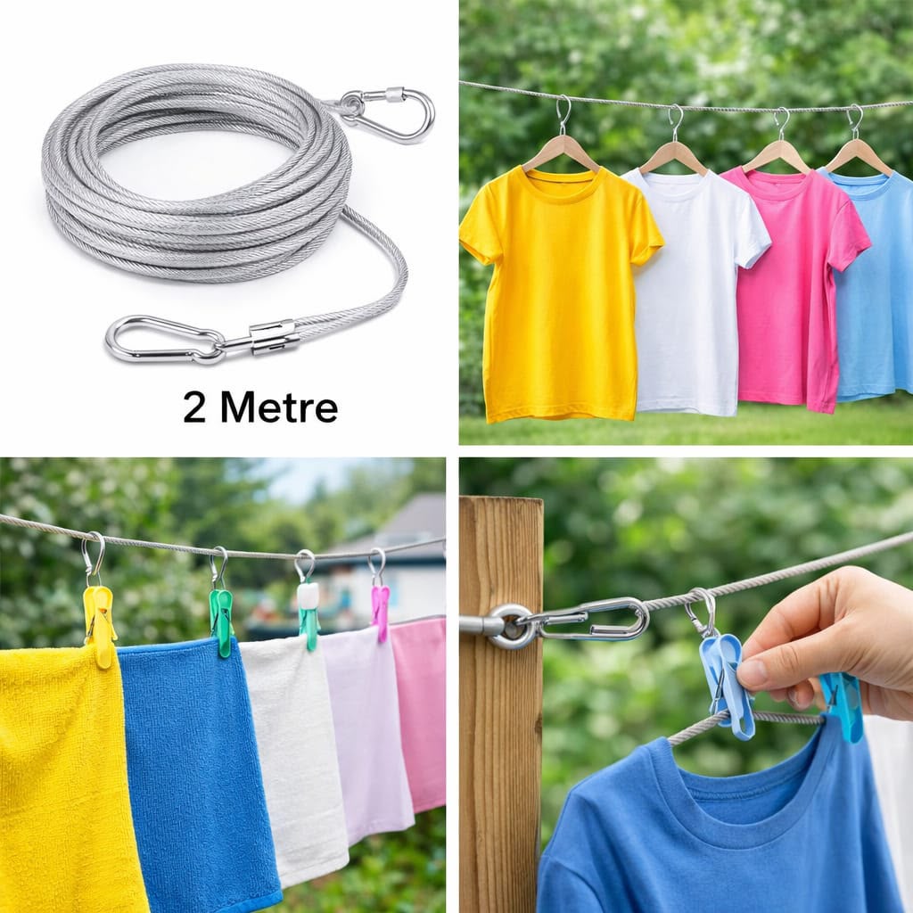 2-Metre Stainless Steel Clothes Drying Wire with Hooks – Heavy-Duty Portable Laundry Line