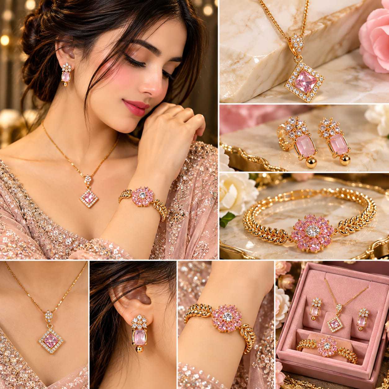 Latest Pink Crystal Gold Plated Jewelry Set Design 2026 | Stylish Pendant Set thumbnail 3