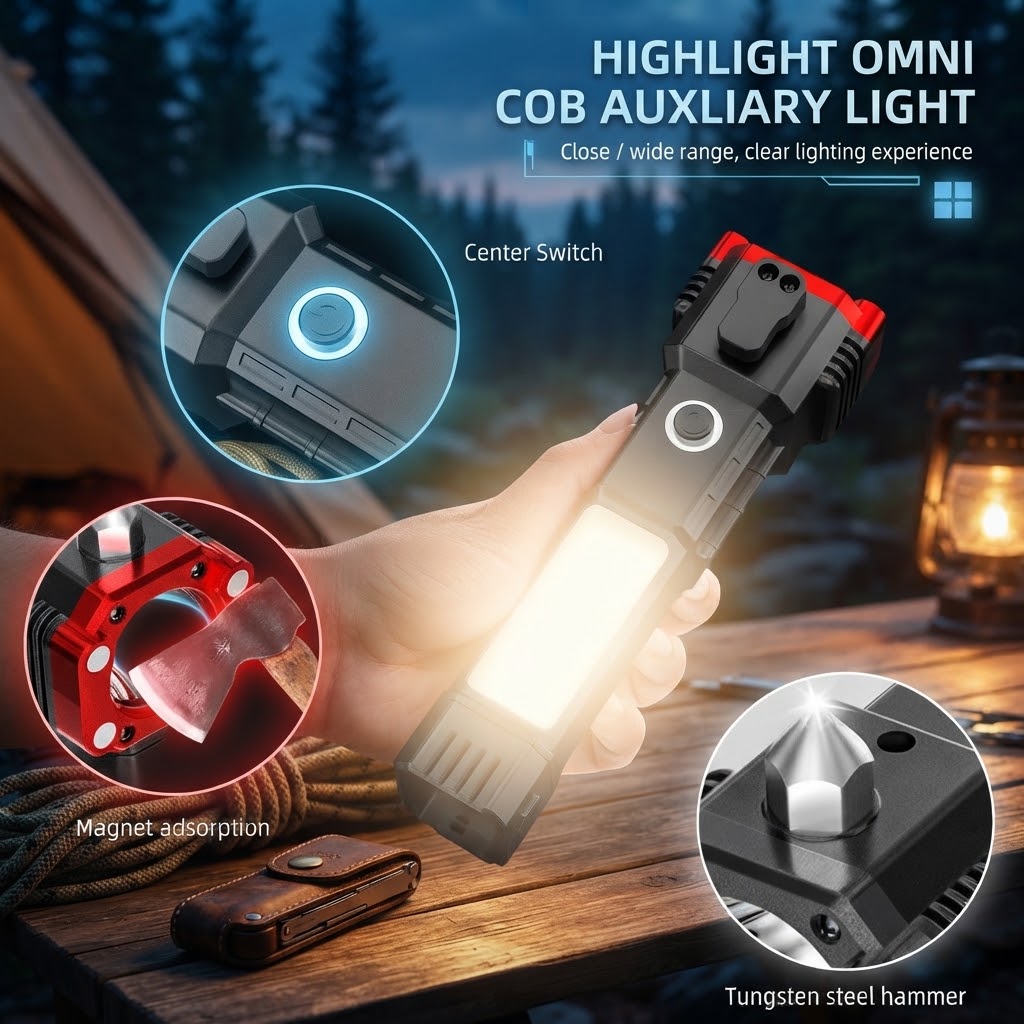 Multifunctional COB Auxiliary Flashlight with Magnet & Hammer thumbnail 4