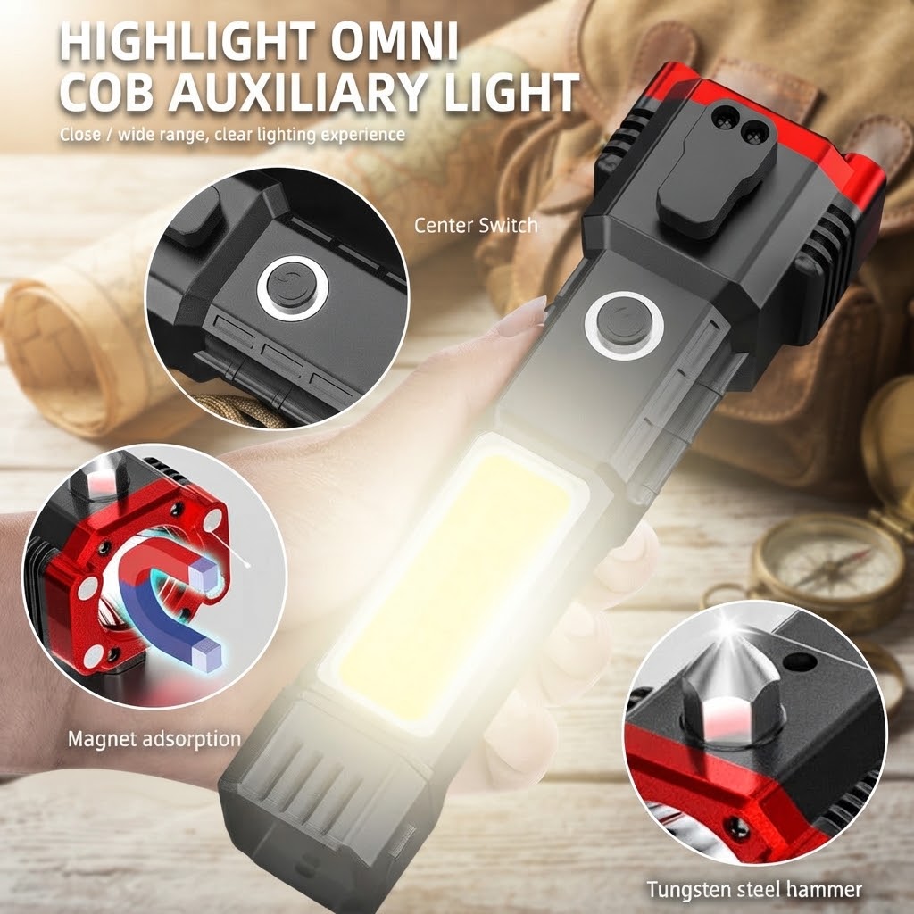 Multifunctional COB Auxiliary Flashlight with Magnet & Hammer thumbnail 2