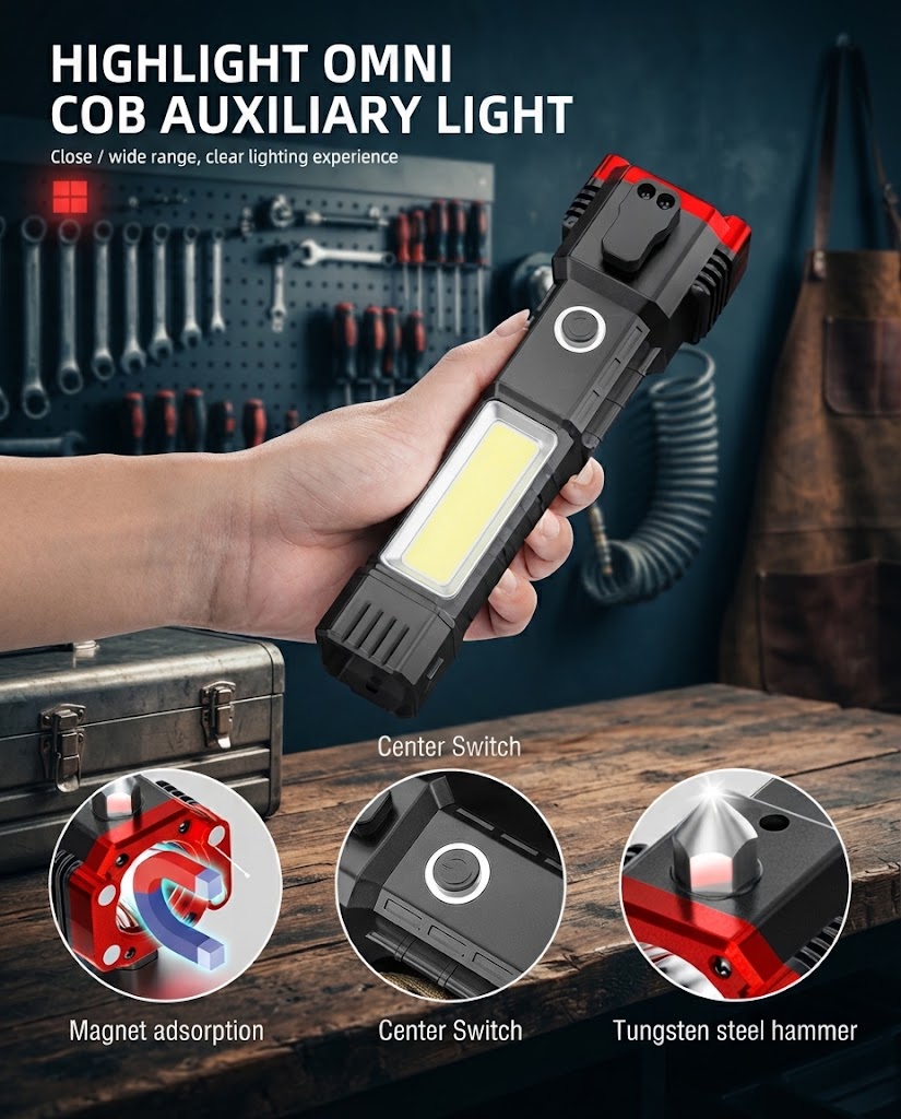 Multifunctional COB Auxiliary Flashlight with Magnet & Hammer thumbnail 3