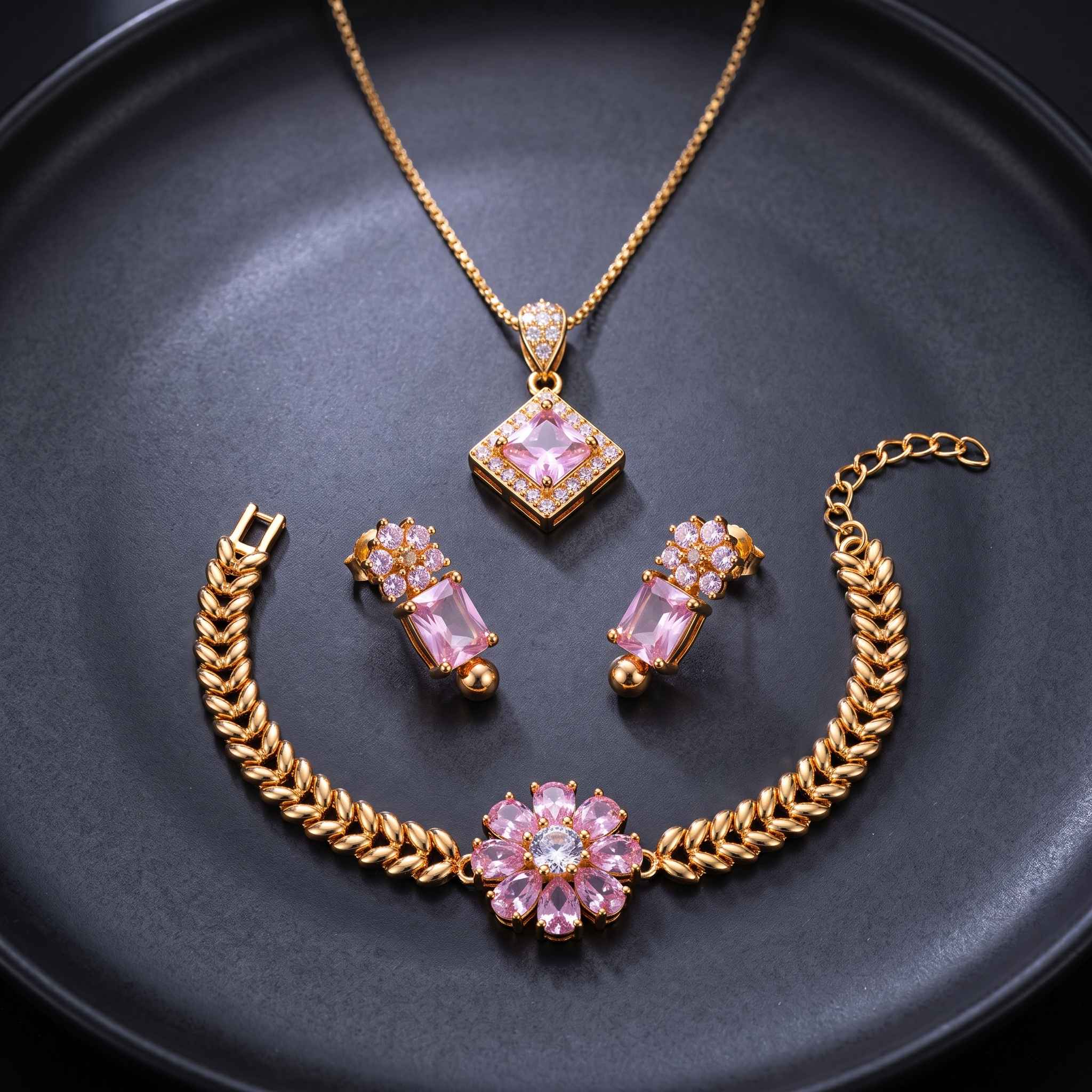 Latest Pink Crystal Gold Plated Jewelry Set Design 2026 | Stylish Pendant Set thumbnail 2