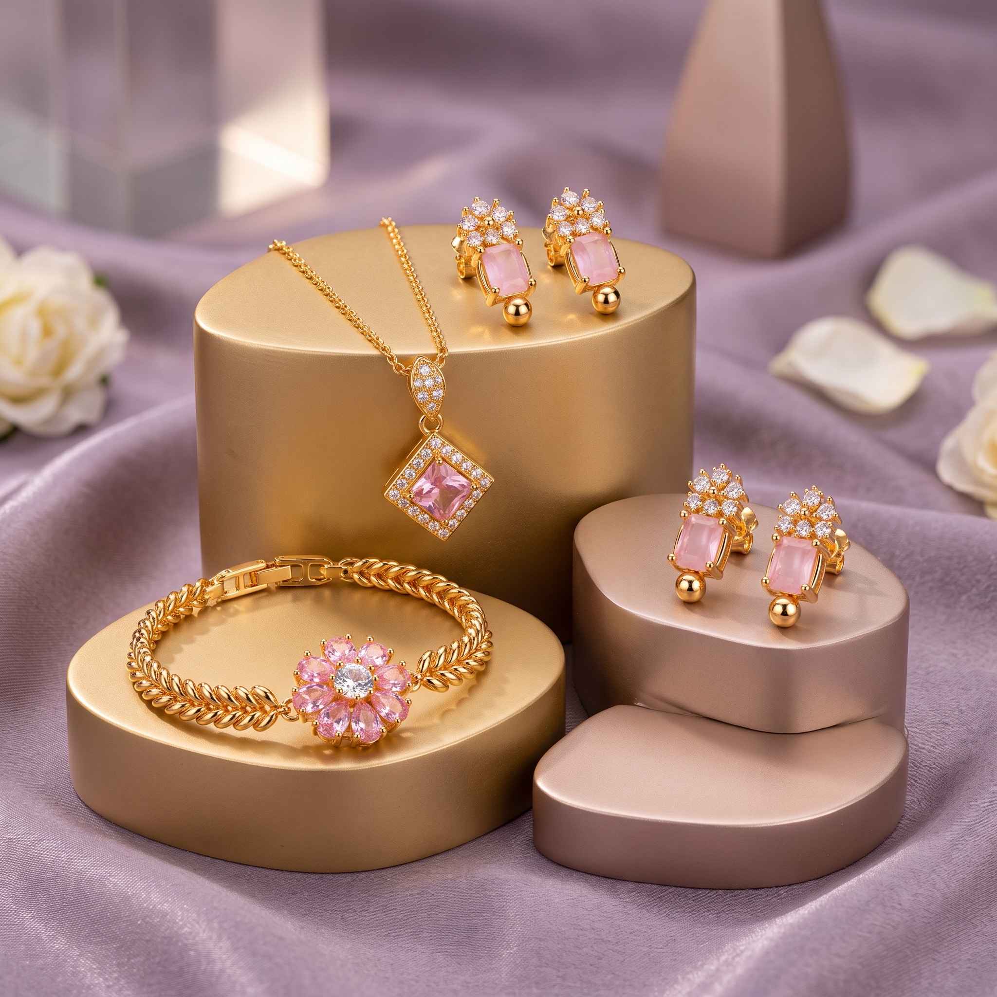 Latest Pink Crystal Gold Plated Jewelry Set Design 2026 | Stylish Pendant Set - Buy Online in Pakistan at Zenbu Store
