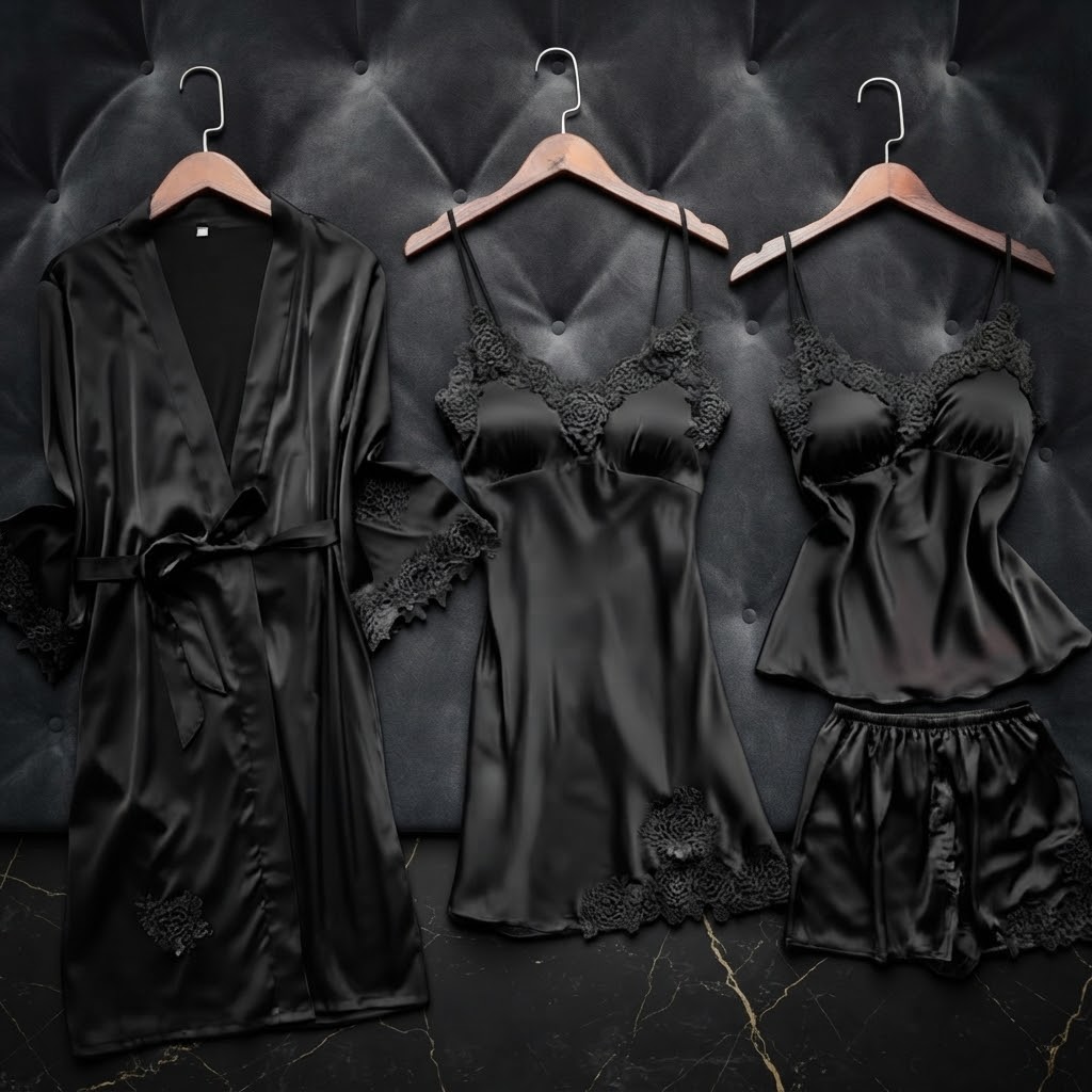 Black 5-Piece Elegant Lace Satin Nightwear Set thumbnail 3