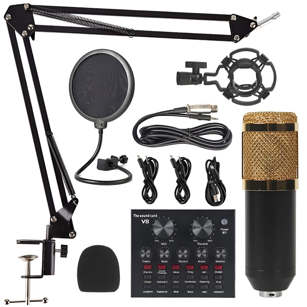 Premium V8 Pro Condenser Microphone Kit With Sound Card Professional Recording Microphone Set With Audio Sound Card For Streaming And Podcasting thumbnail 2