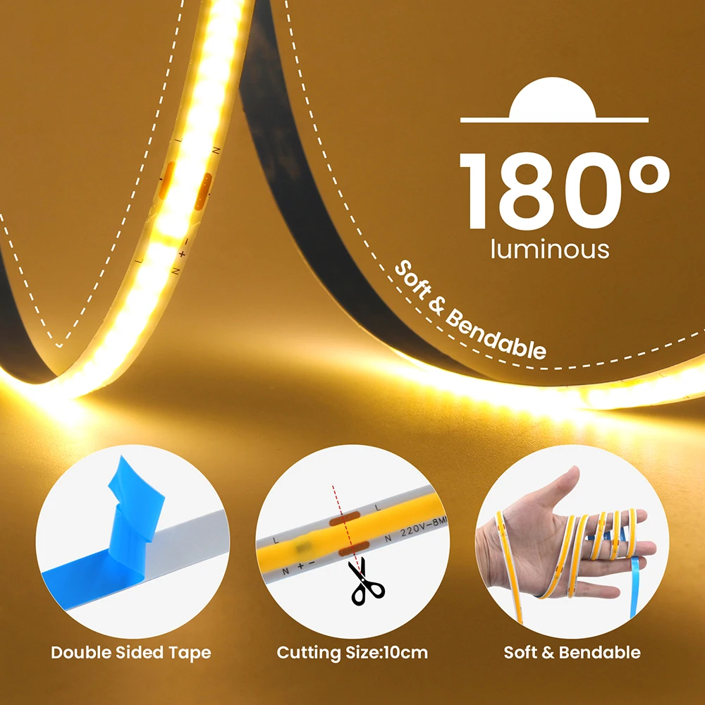 10M 220V COB LED Profile Strip Light - Super Bright 240LEDs/M