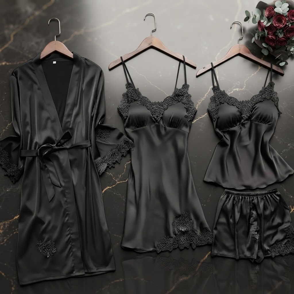 Black 5-Piece Elegant Lace Satin Nightwear Set thumbnail 2