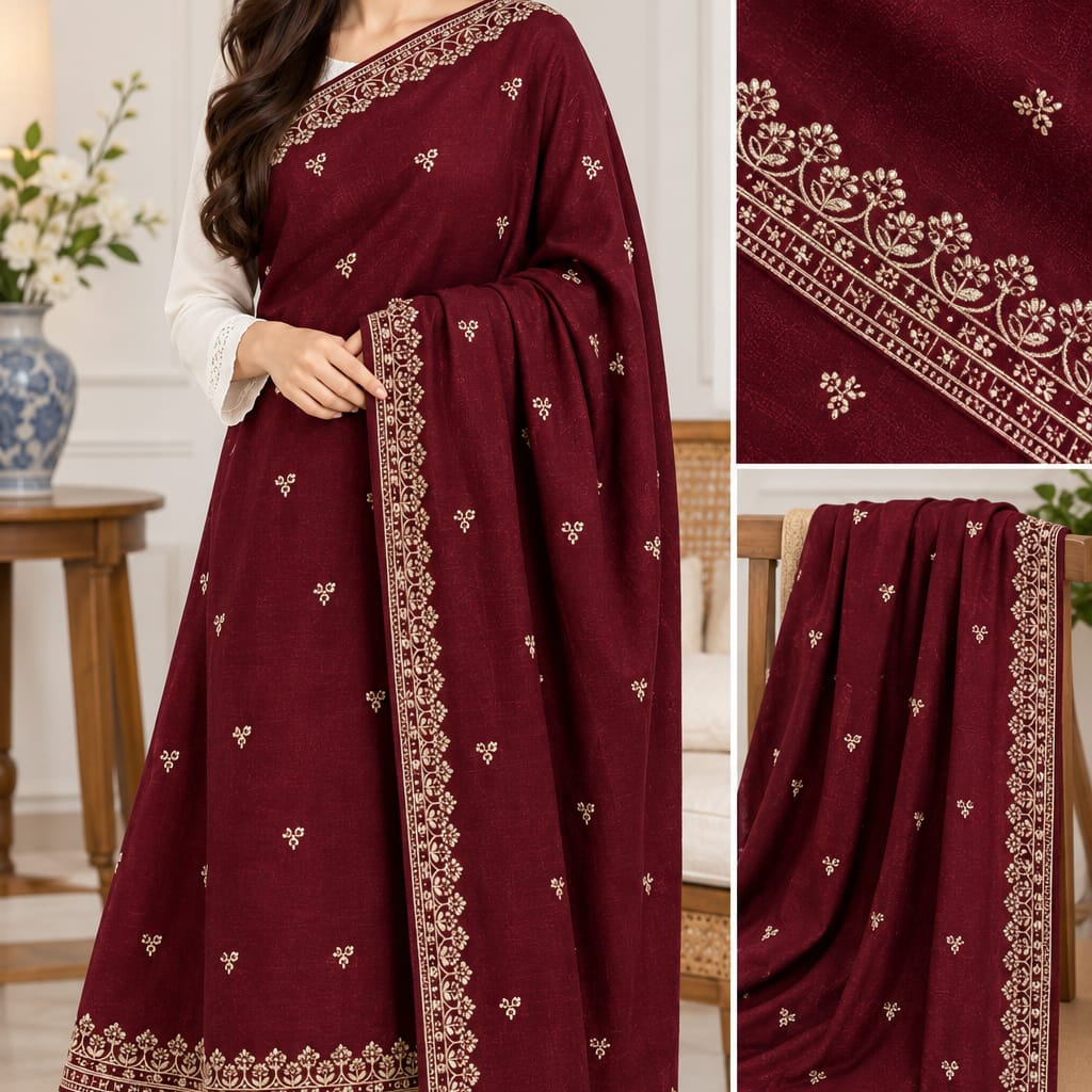 Premium Embroidered Wool Shawl – Elegant Warm Winter Wrap for Women thumbnail 4