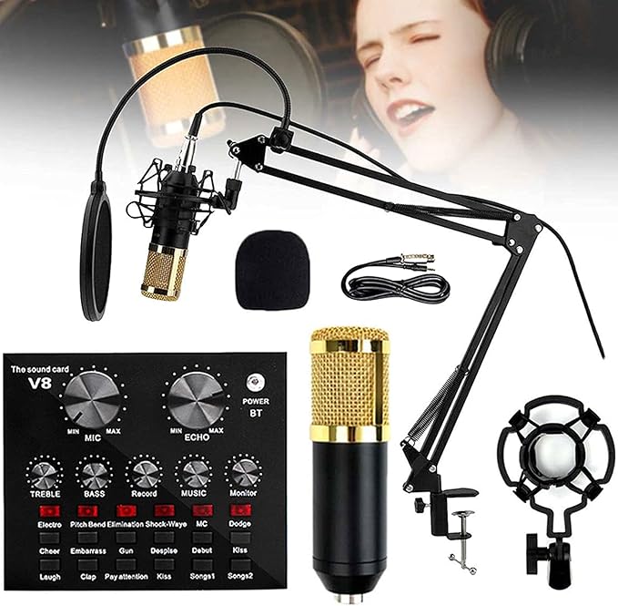 Premium V8 Pro Condenser Microphone Kit With Sound Card Professional Recording Microphone Set With Audio Sound Card For Streaming And Podcasting thumbnail 4
