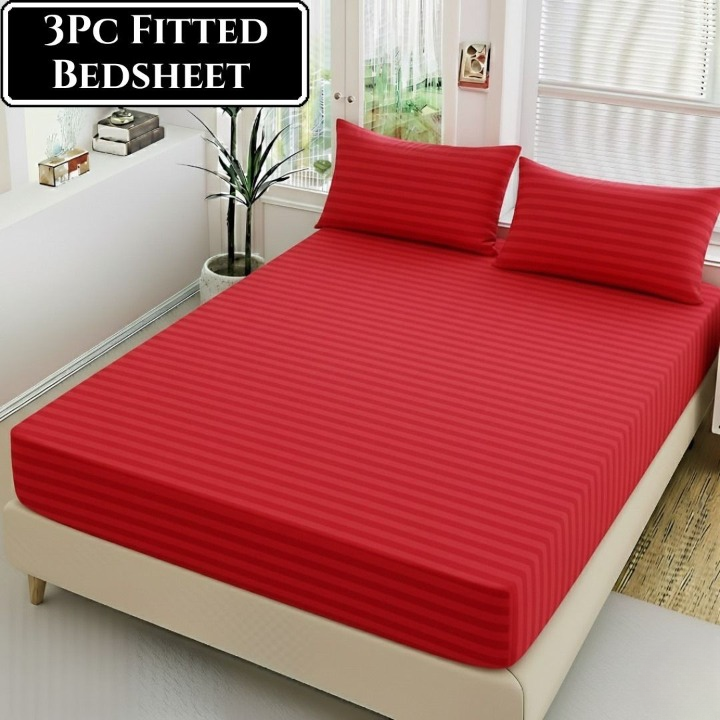 Luxury China Cotton Satin Striped Fitted Sheet Set with 2 Pillow Covers thumbnail 5