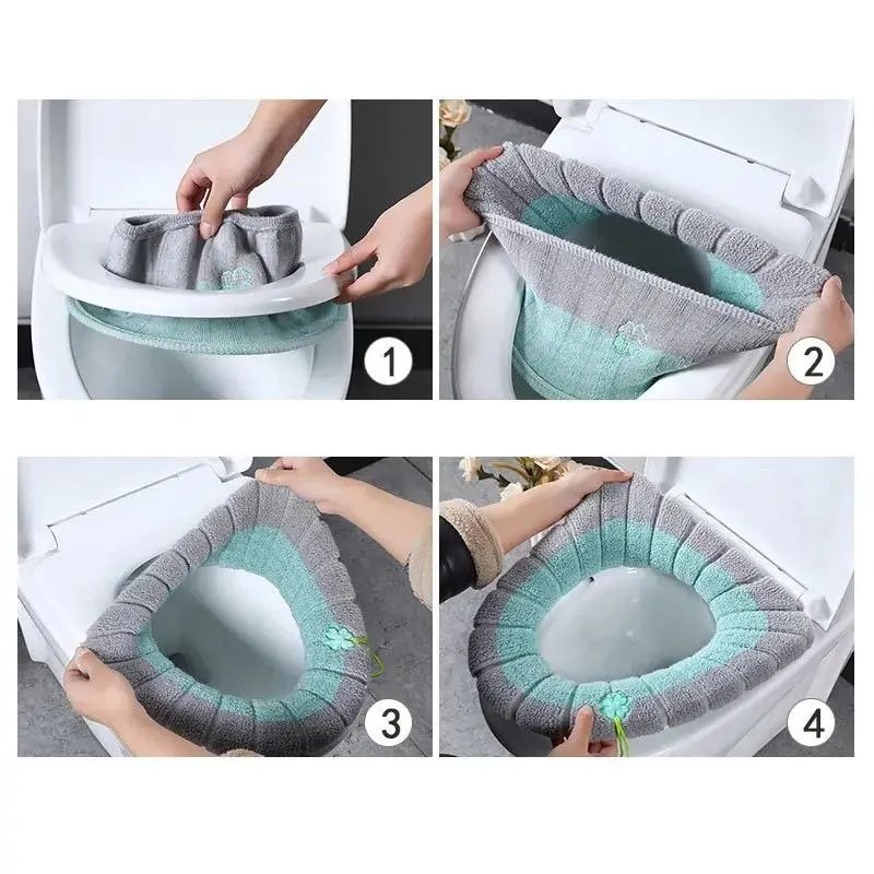 1Pc - Warm Toilet Seat Cover Soft Stretchable Cushioned Seat Pad Cozy Washable Universal Fit Warmth Protector For Winter (Random Color) thumbnail 2