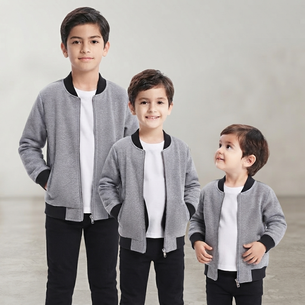 Kids Grey Bomber Zipper Jacket Casual Outerwear Long Sleeve Full Zip Up Daily Wear Winter Fashion thumbnail 2