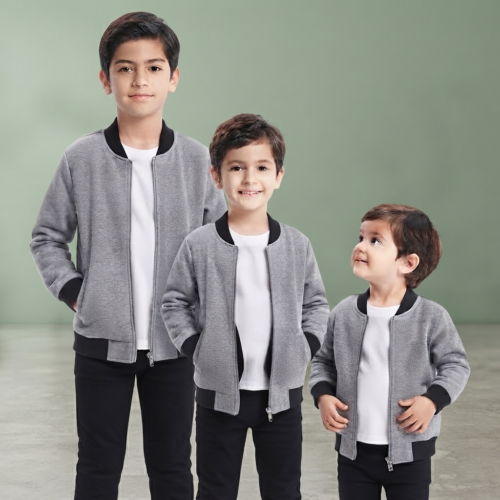 Kids Grey Bomber Zipper Jacket Casual Outerwear Long Sleeve Full Zip Up Daily Wear Winter Fashion thumbnail 3