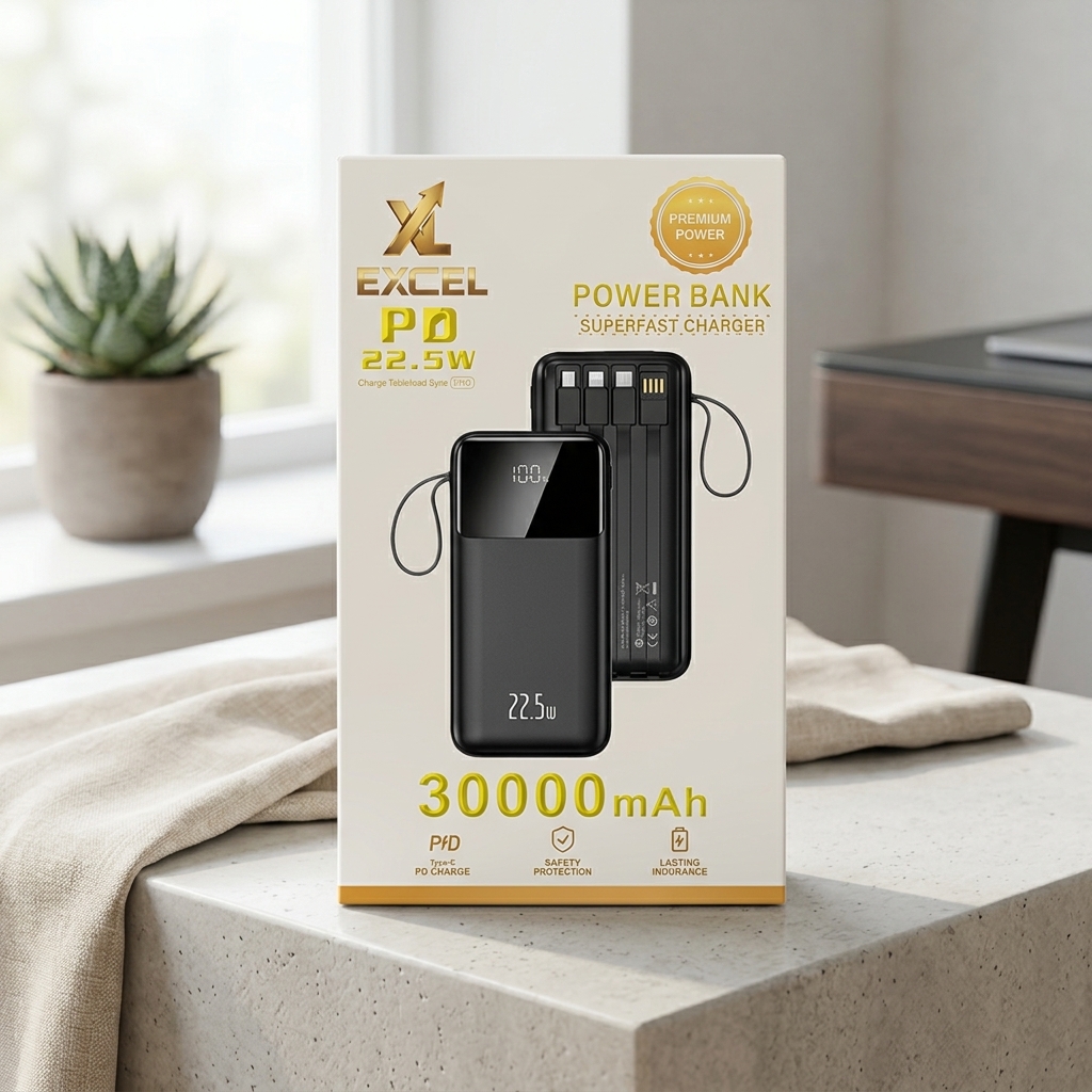 Premium 30000mAh Lithium Battery Power Bank – 22.5W Fast Charging & Built-in Cables