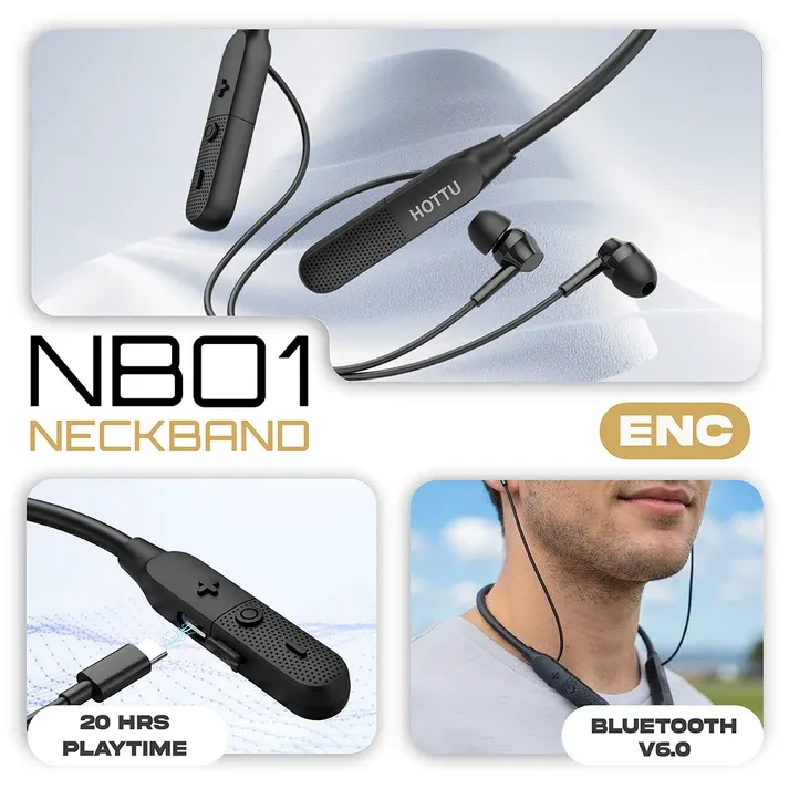 Hottu NB01 Wireless Neckband With 20 Hours Playtime Deep Bass And ENC