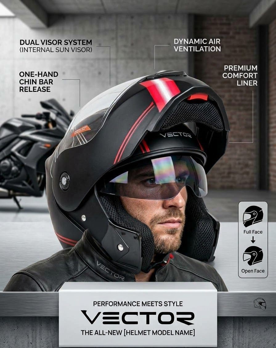 Vector Flip-Up Helmet (Dual Visor Random Color) view 3