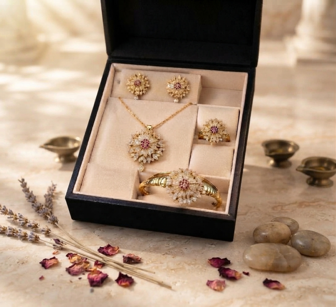 Gold Plated Floral Jewelry Set Traditional Matching Necklace , Earrings , Bracelet And Ring