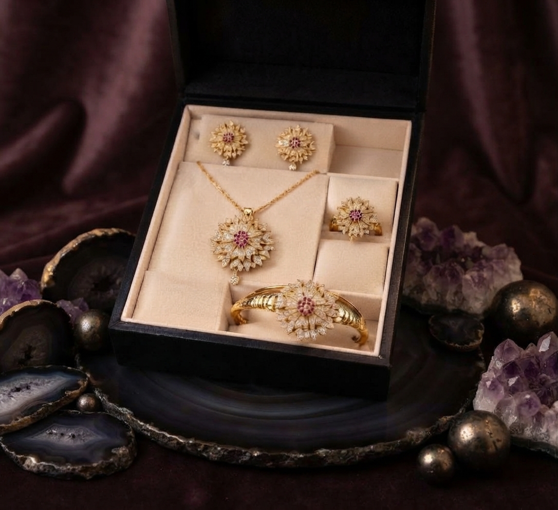 Gold Plated Floral Jewelry Set Traditional Matching Necklace , Earrings , Bracelet And Ring