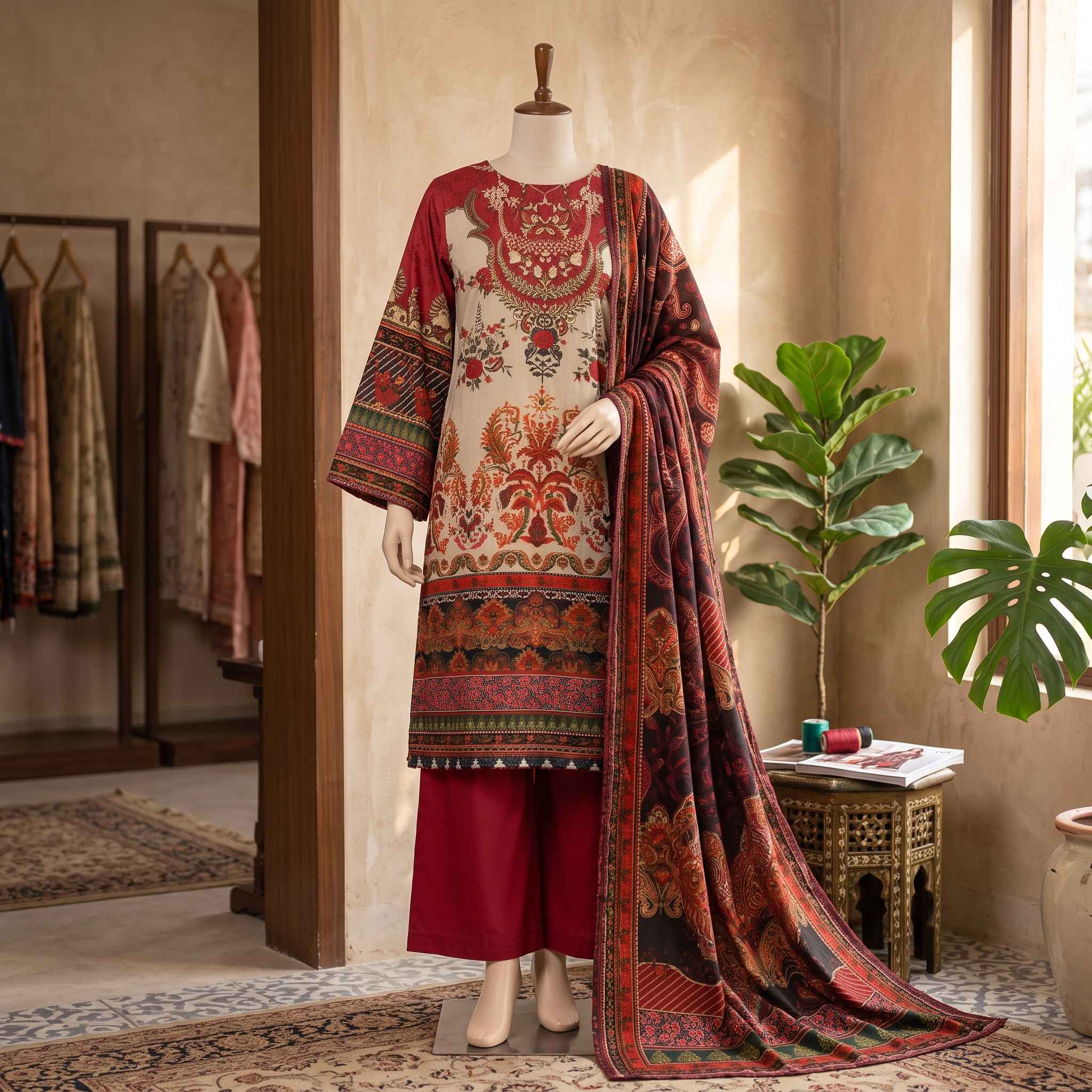 3-Piece Stitched Printed Poly Karandi Suit