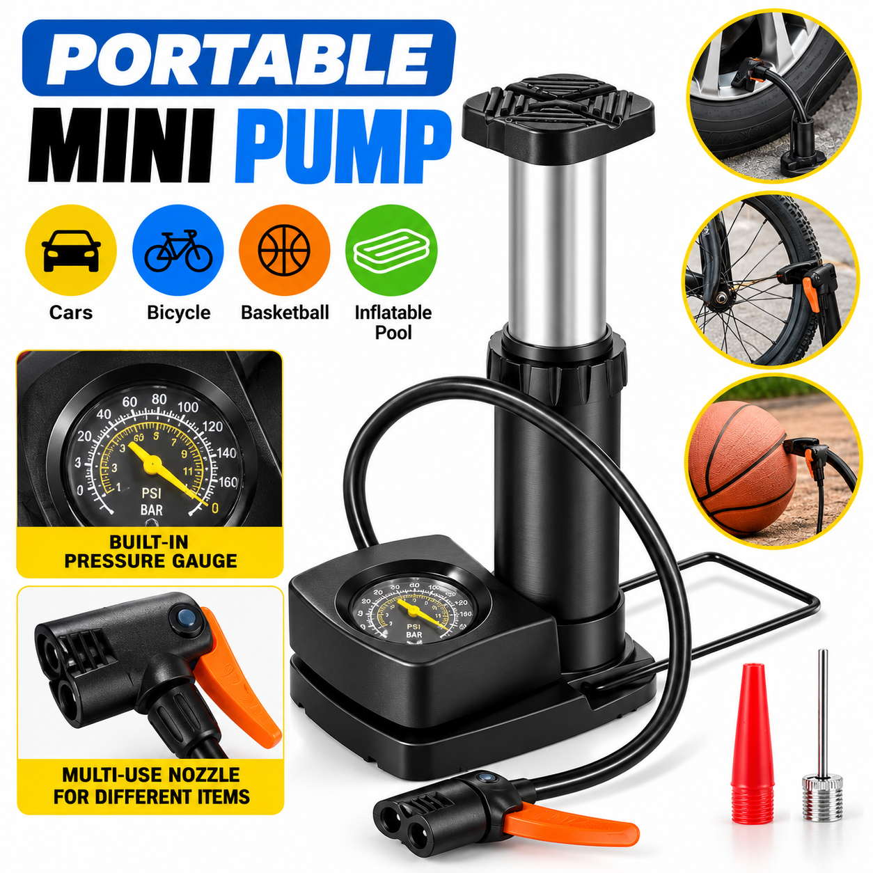 Portable Air Pump With Pressure Meter | Heavy Duty Manual Tyre Inflator Pump for Car, Bike, Bicycle, Motorcycle, Football & Inflatable Toys | Foot Pump view 2