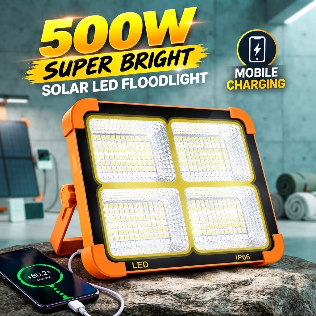 Super Bright 500W Solar Floodlight | Rechargeable LED Camping Light with Mobile Charging | Emergency Lantern & Powerful Outdoor Work Lamp view 3