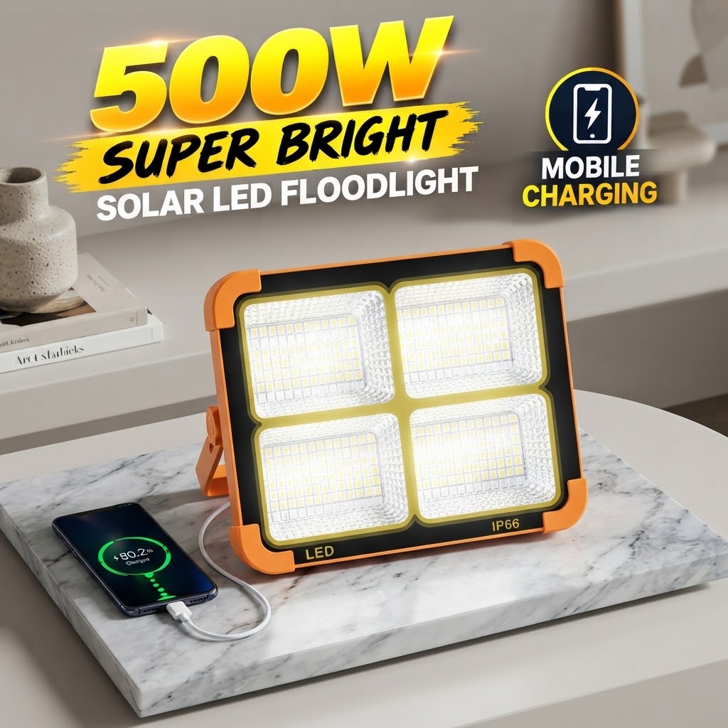 Super Bright 500W Solar Floodlight | Rechargeable LED Camping Light with Mobile Charging | Emergency Lantern & Powerful Outdoor Work Lamp view 2