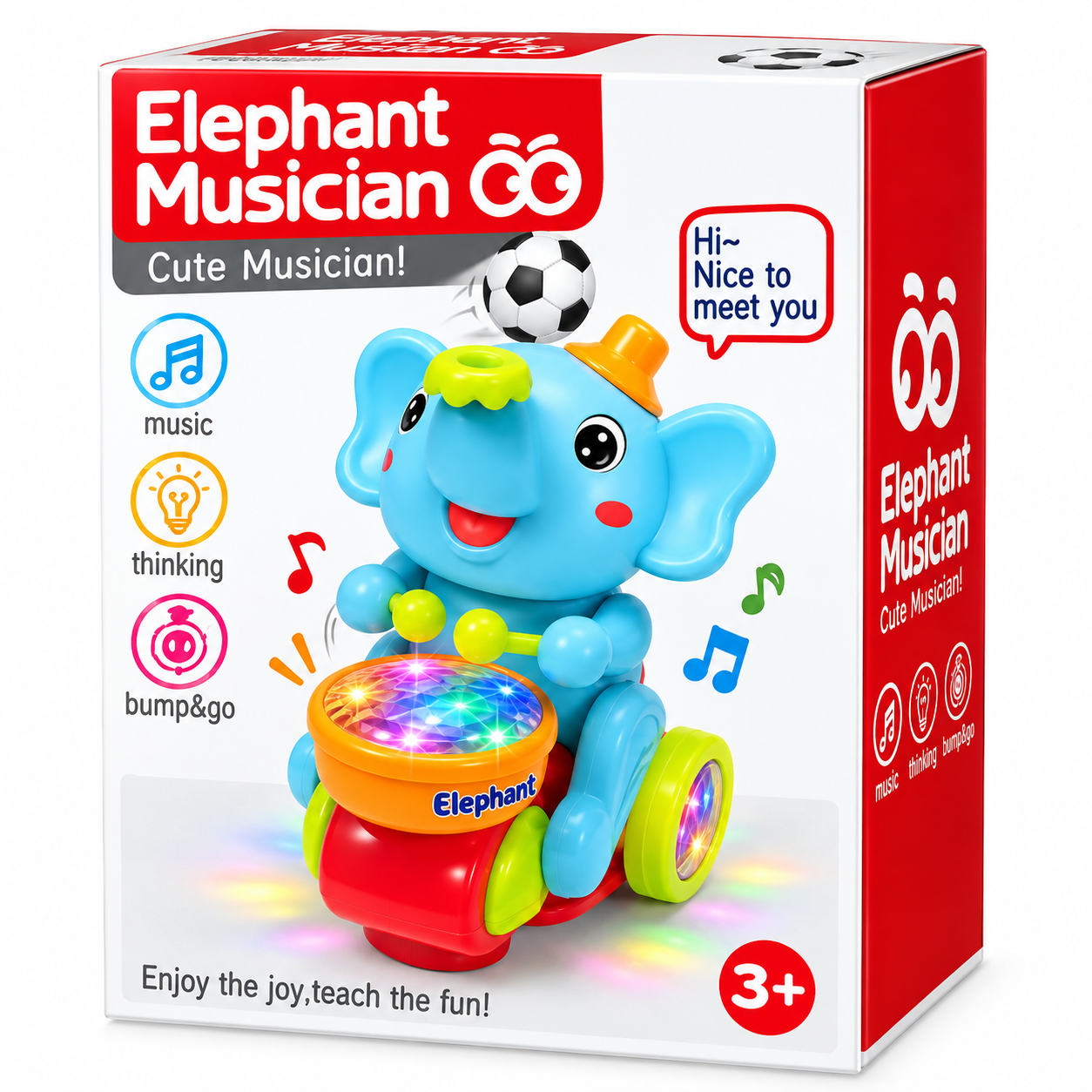 Interactive Elephant Musician Toy – Bump-and-Go Musical Toy with Lights & Sounds
