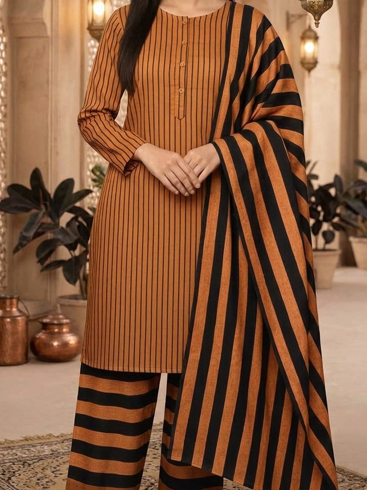 Winter Sussi Marina 3 Piece Unstitched Suit Fashion Apparel Accessory - Orange & Black view 2