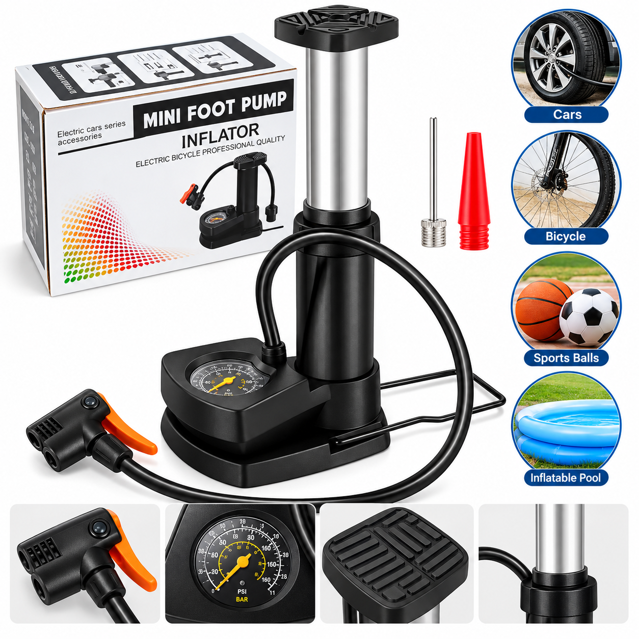 Portable Air Pump With Pressure Meter | Heavy Duty Manual Tyre Inflator Pump for Car, Bike, Bicycle, Motorcycle, Football & Inflatable Toys | Foot Pump view 3