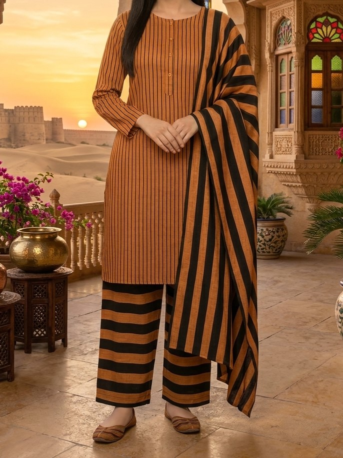 Winter Sussi Marina 3 Piece Unstitched Suit Fashion Apparel Accessory - Orange & Black view 3