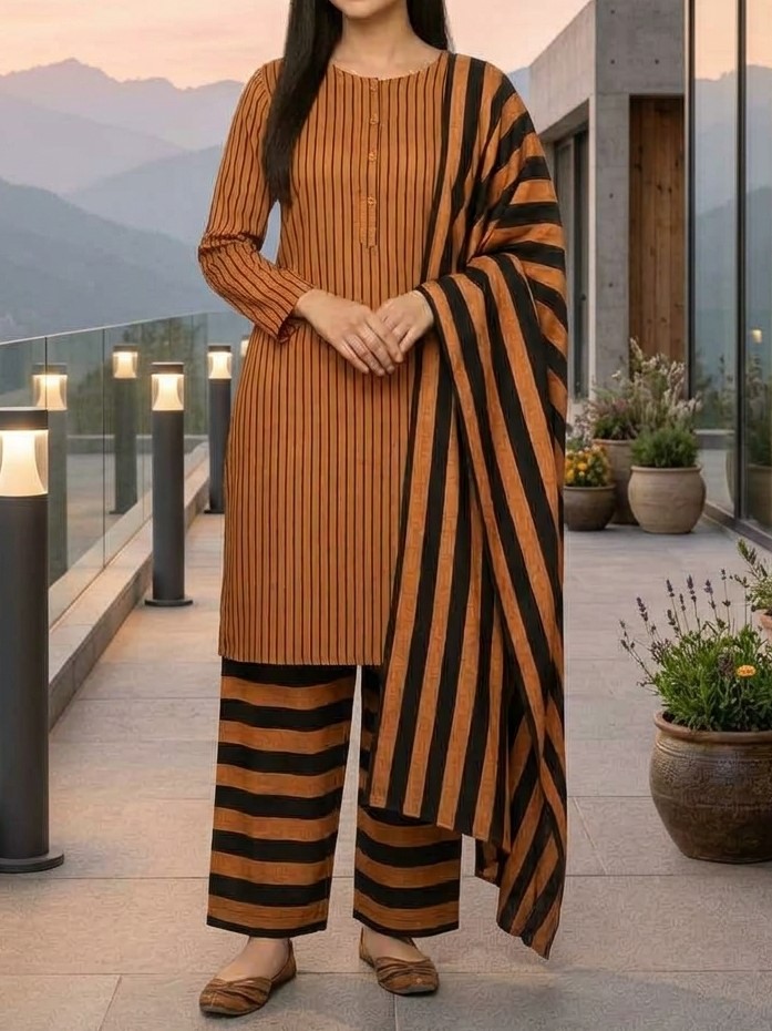 Winter Sussi Marina 3 Piece Unstitched Suit Fashion Apparel Accessory - Orange & Black