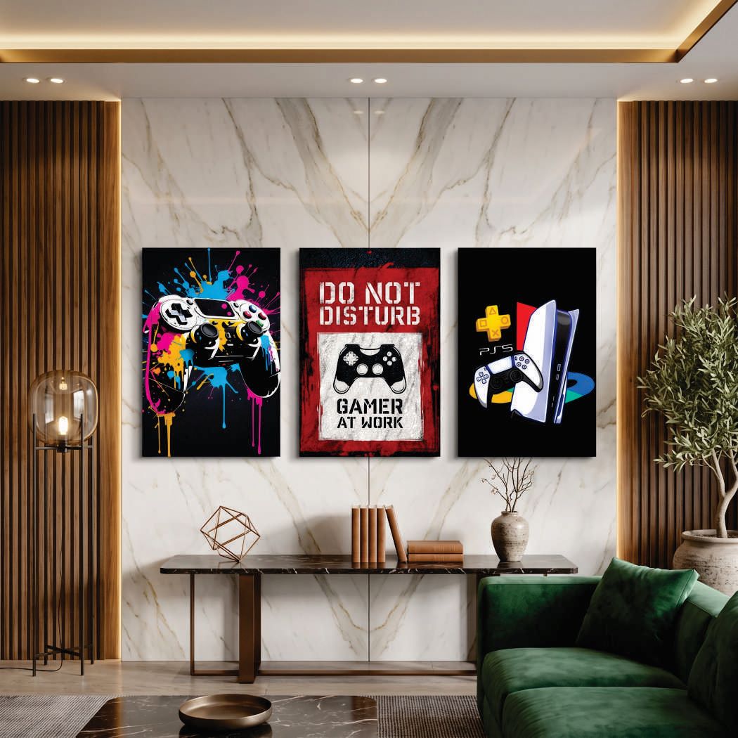 Set of 3 Gaming Wall Art Photo Tiles (8x11 Inch) – Modern Gamer Room Decor Frame Set