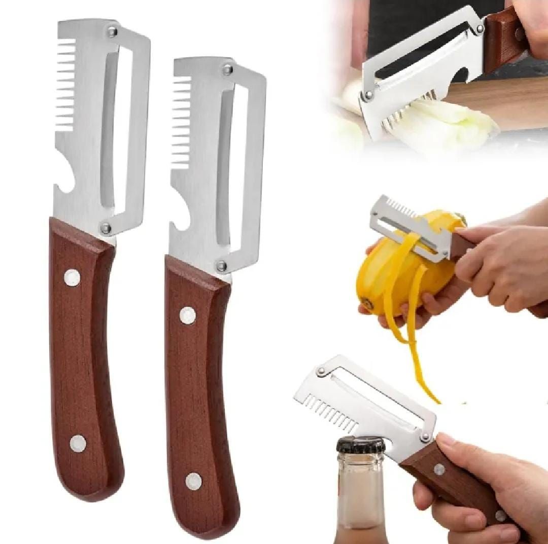 3 In 1 Multipurpose Stainless Steel Peeler Knife And Bottle Opener - Wooden Handle view 3