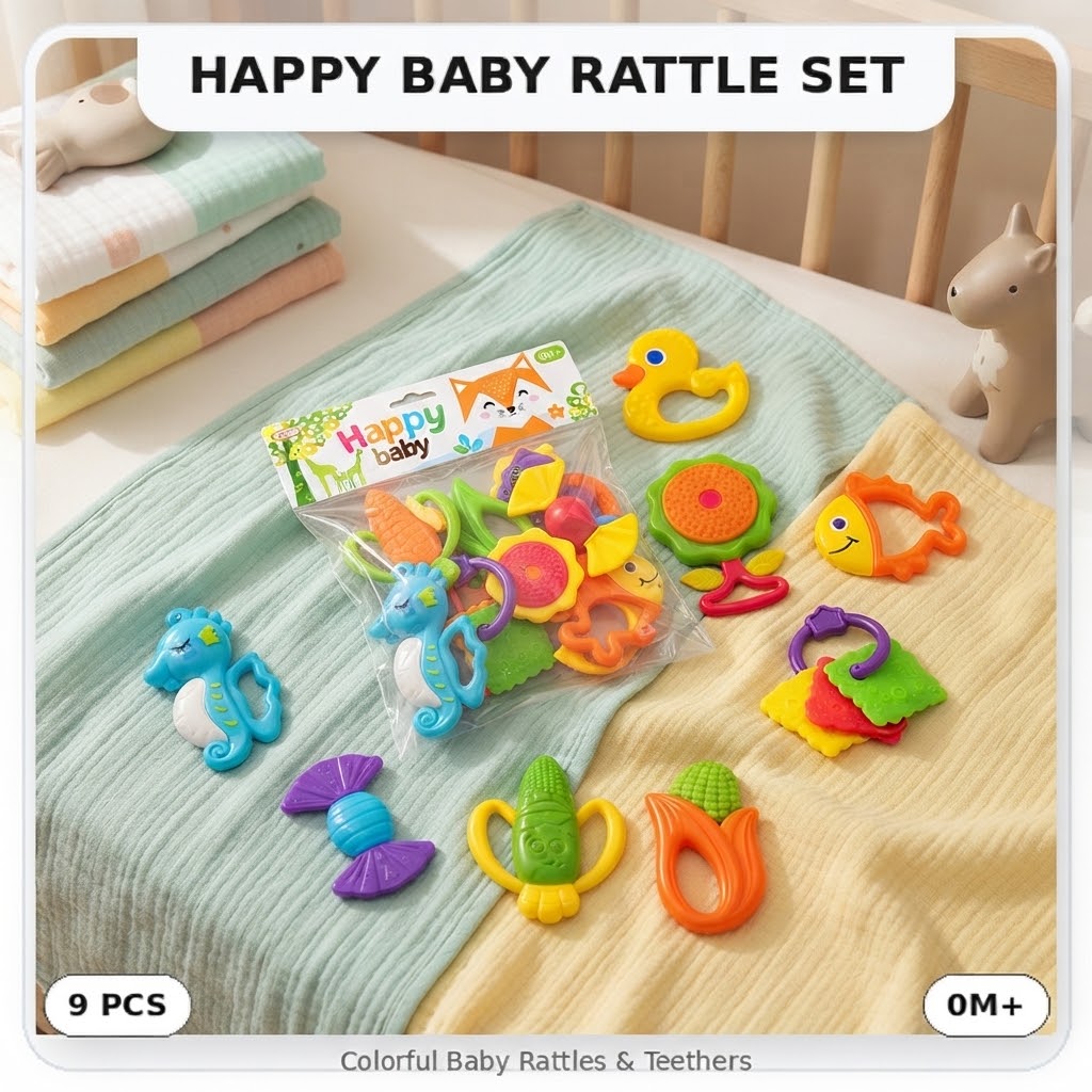 Happy Baby 9-Piece Rattle and Teether Toy Set | Colorful Newborn Sensory & Grasping Toys for Infant Development Random Color view 2