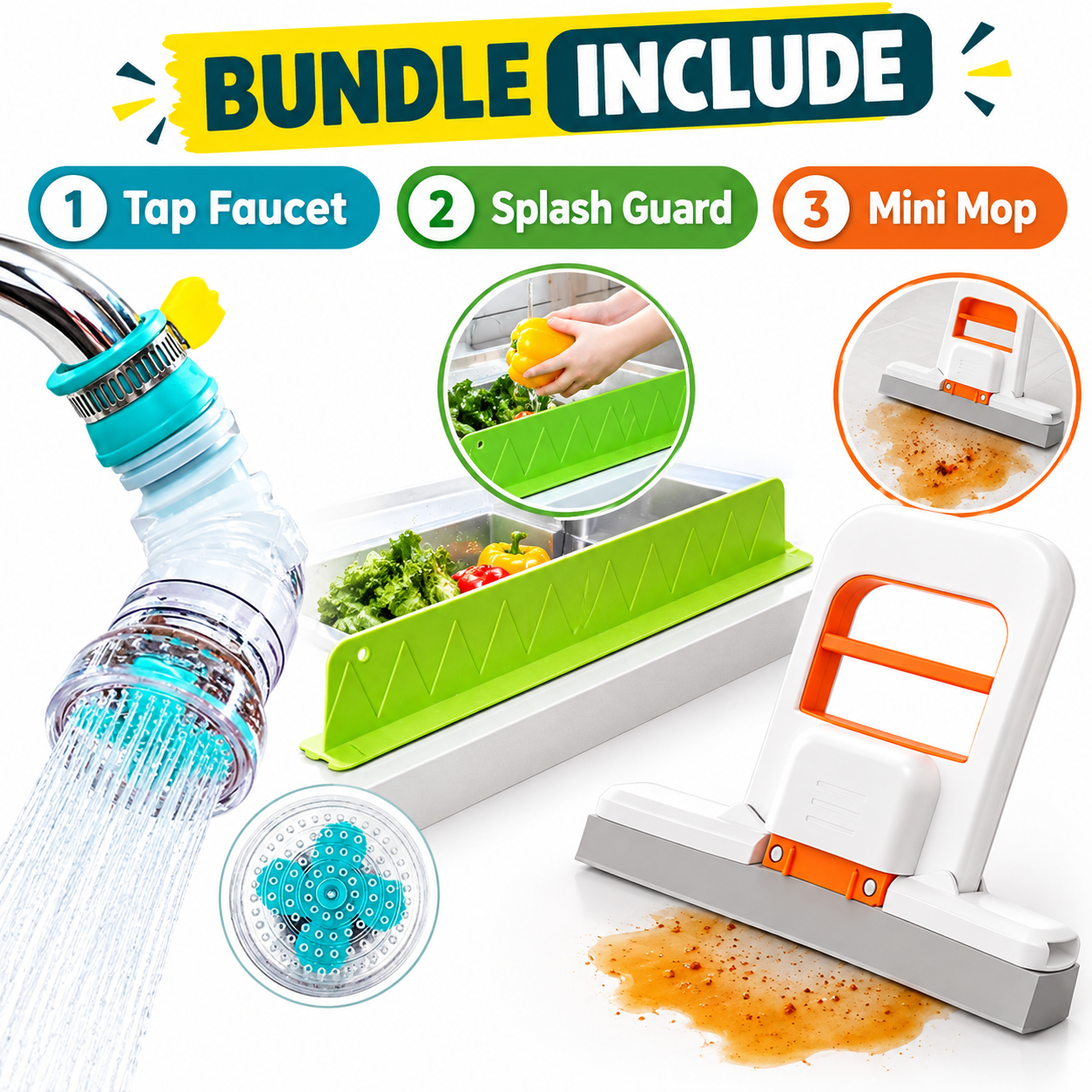 Bundle Of 3 - Faucet + Splash Guard + Mini Mop | Kitchen Pack Of 3 view 2
