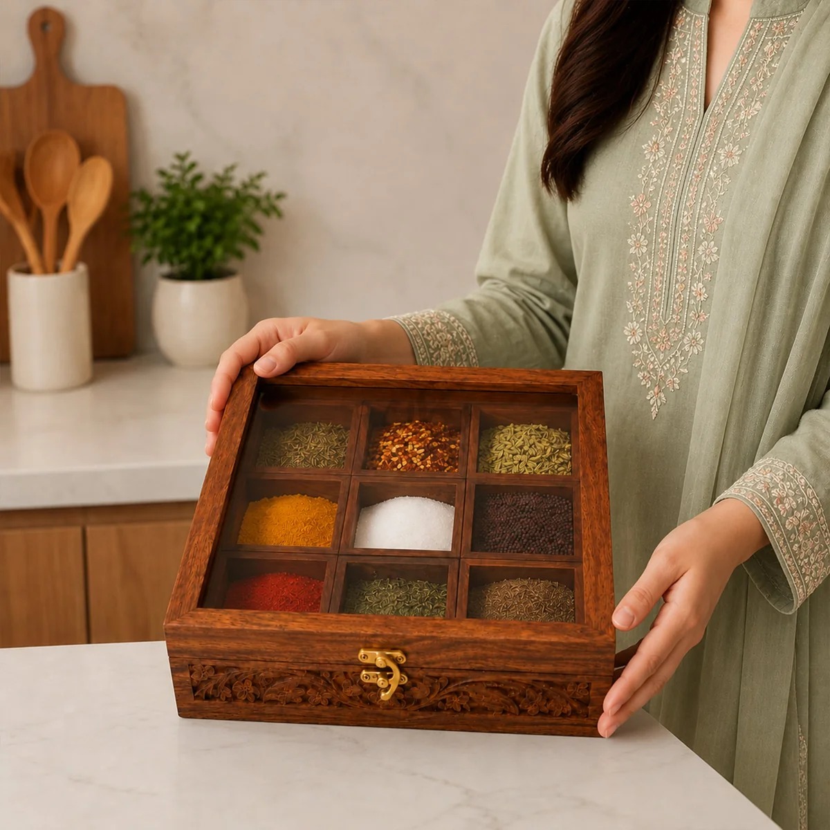 Wooden Spice Box with 9 Compartments view 4