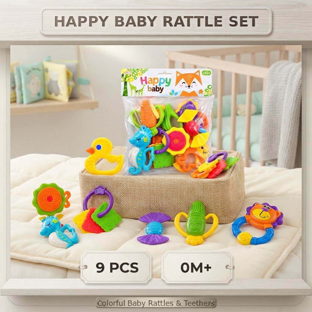 Happy Baby 9-Piece Rattle and Teether Toy Set | Colorful Newborn Sensory & Grasping Toys for Infant Development Random Color
